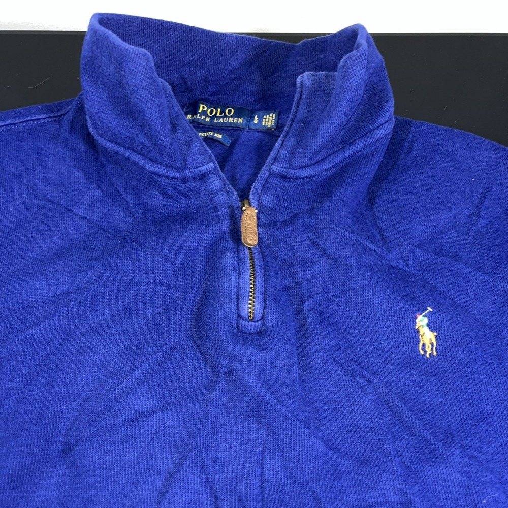 Ralph Lauren Polo Sweater Mens L Large Blue Estate Rib Flesh Pony  1/4 Zip